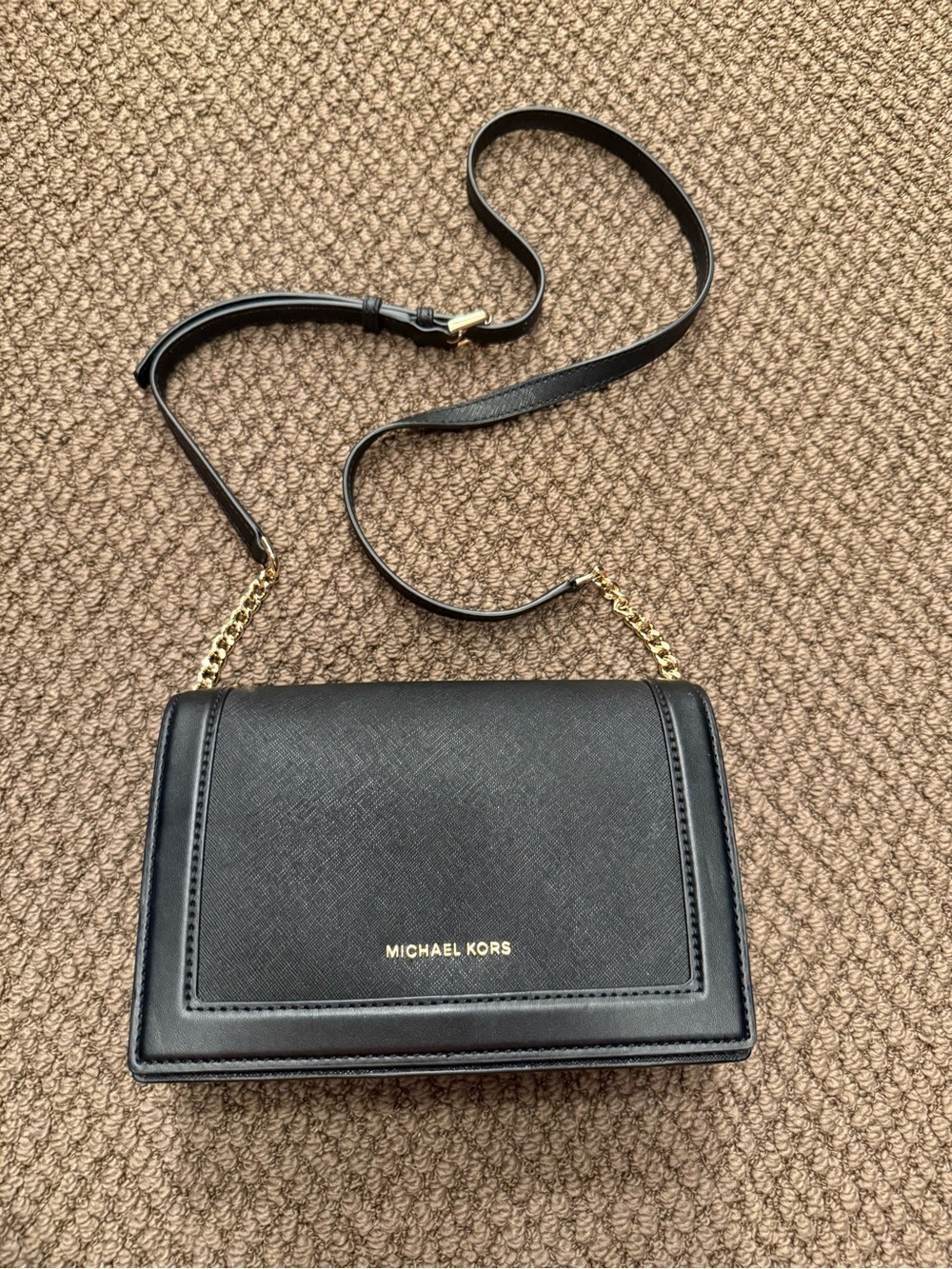 Michael Kors Black Leather Crossbody with Gold Chain